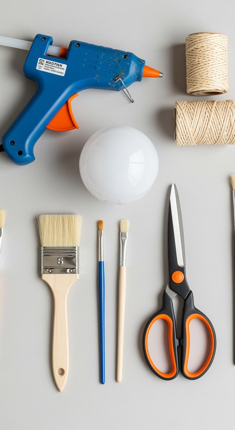Un kit d'outils de bricolage essentiel pour le relooking de luminaires, incluant pistolet à colle et pinceaux, vu de dessus.