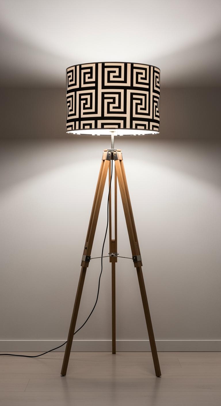 Un lampadaire trépied en bois avec un grand abat-jour à motif géométrique, apportant une touche de design moderne.