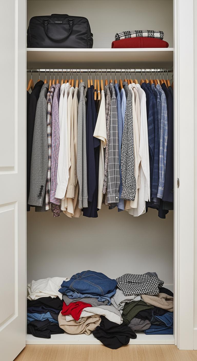 Une penderie de petite chambre avec des vêtements serrés sur une seule tringle et une pile de linge en bas, illustrant le manque d'espace.