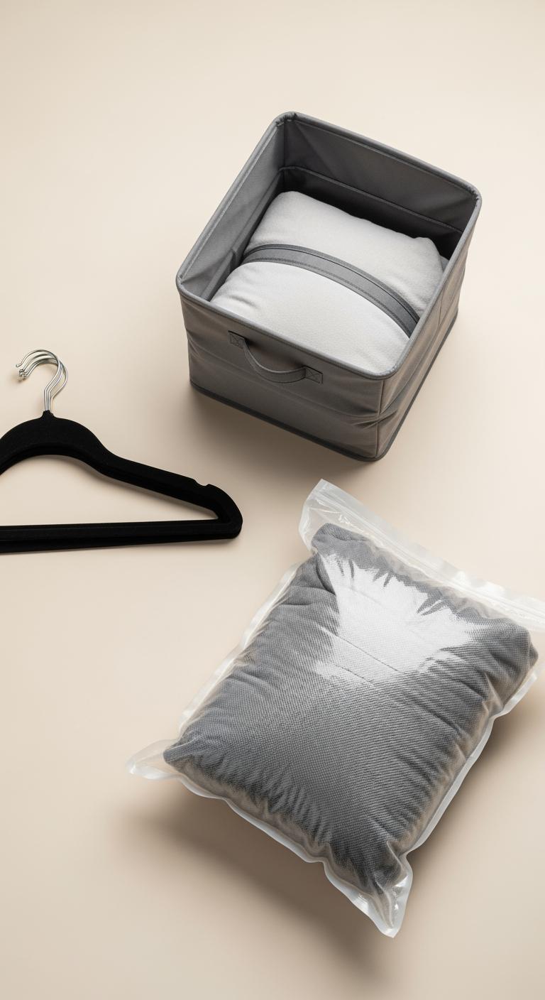 Une sélection de produits de rangement : cintres fins, boîte en tissu et housse de rangement sous vide, présentés à plat.