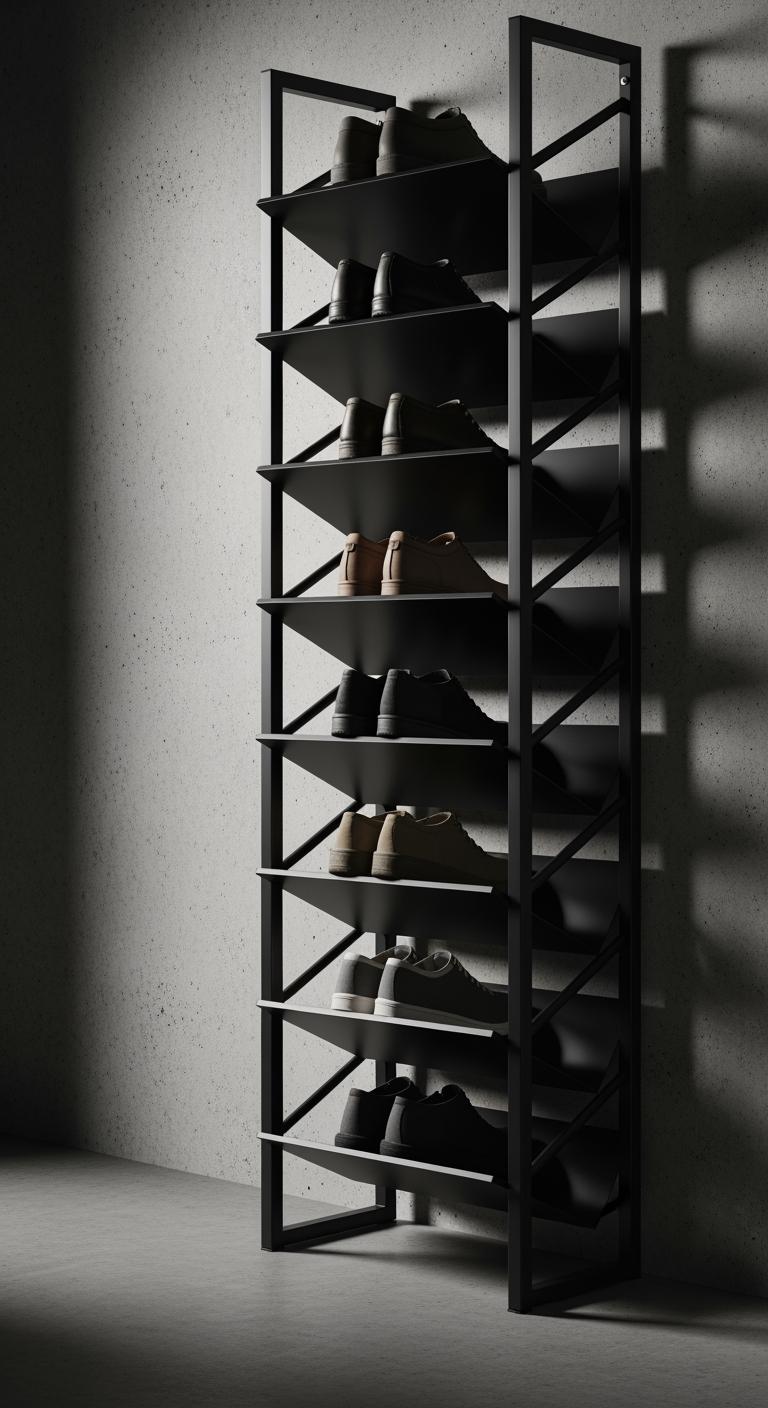 Une solution de rangement à chaussures verticale en métal noir, montrant comment empiler les paires pour optimiser un espace étroit.