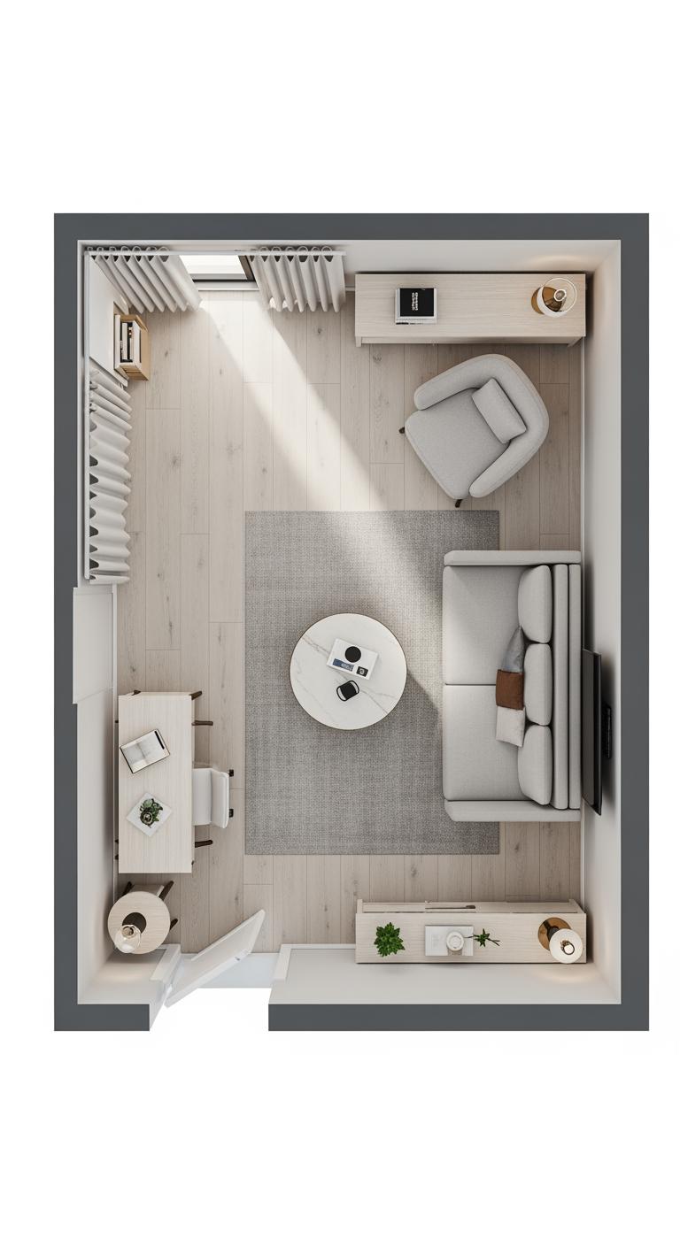 Vue de dessus d'un petit salon montrant des chemins de circulation clairs entre les meubles pour optimiser l'espace.
