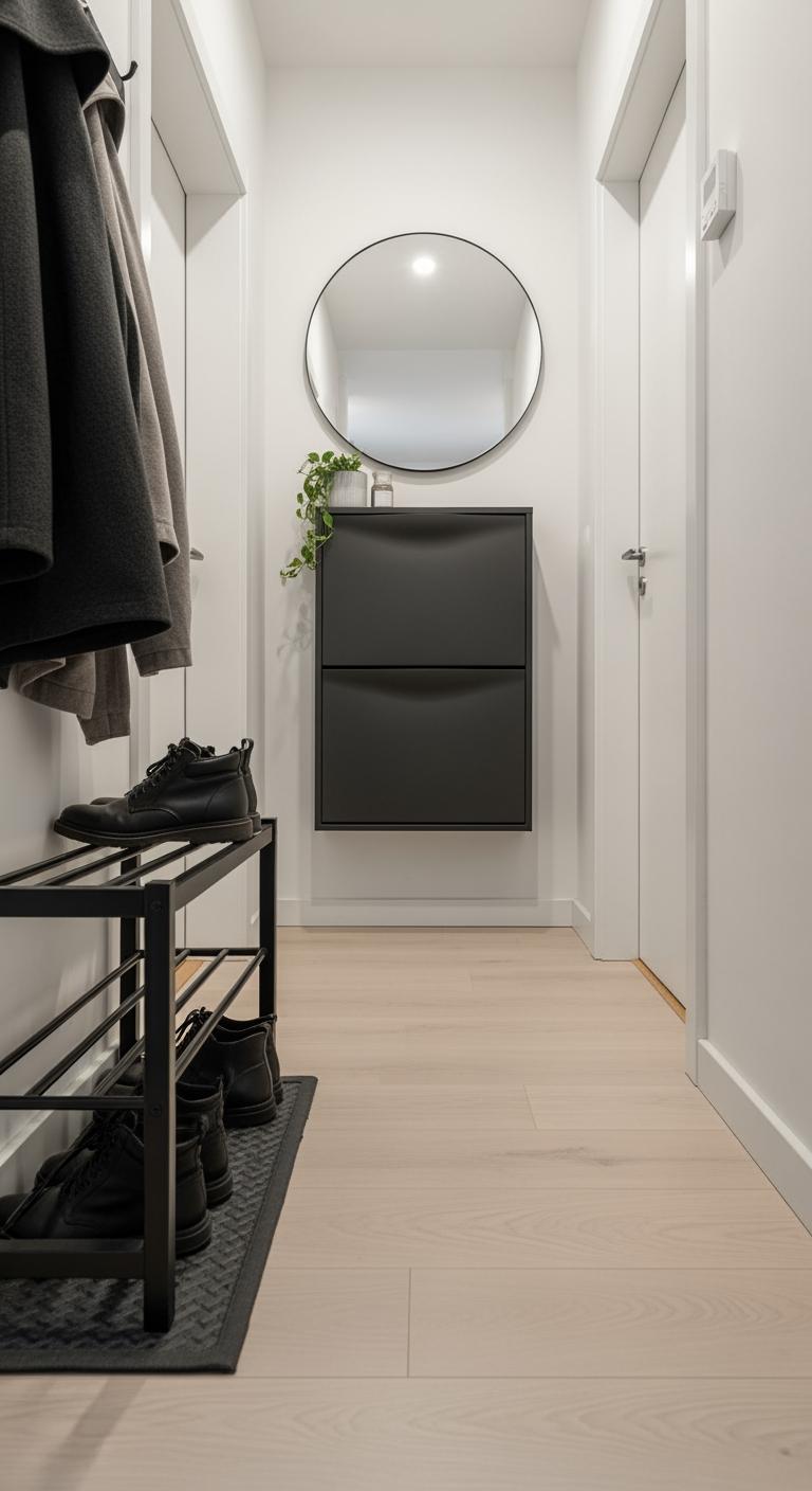 Vue en contre-plongée d'une entrée finale, ordonnée et stylée, avec un sol dégagé et un meuble à chaussures fin au mur.