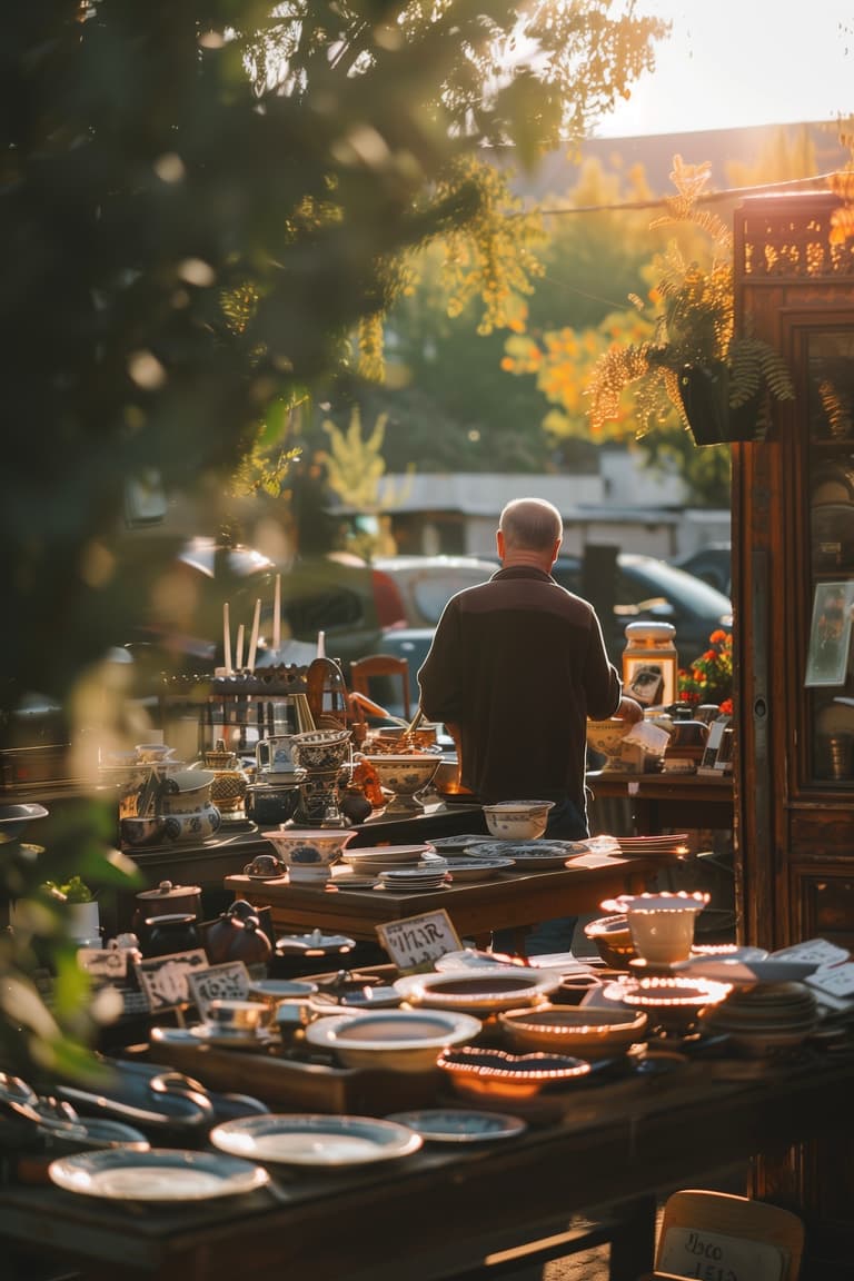brocante marché objets vintage lumière dorée