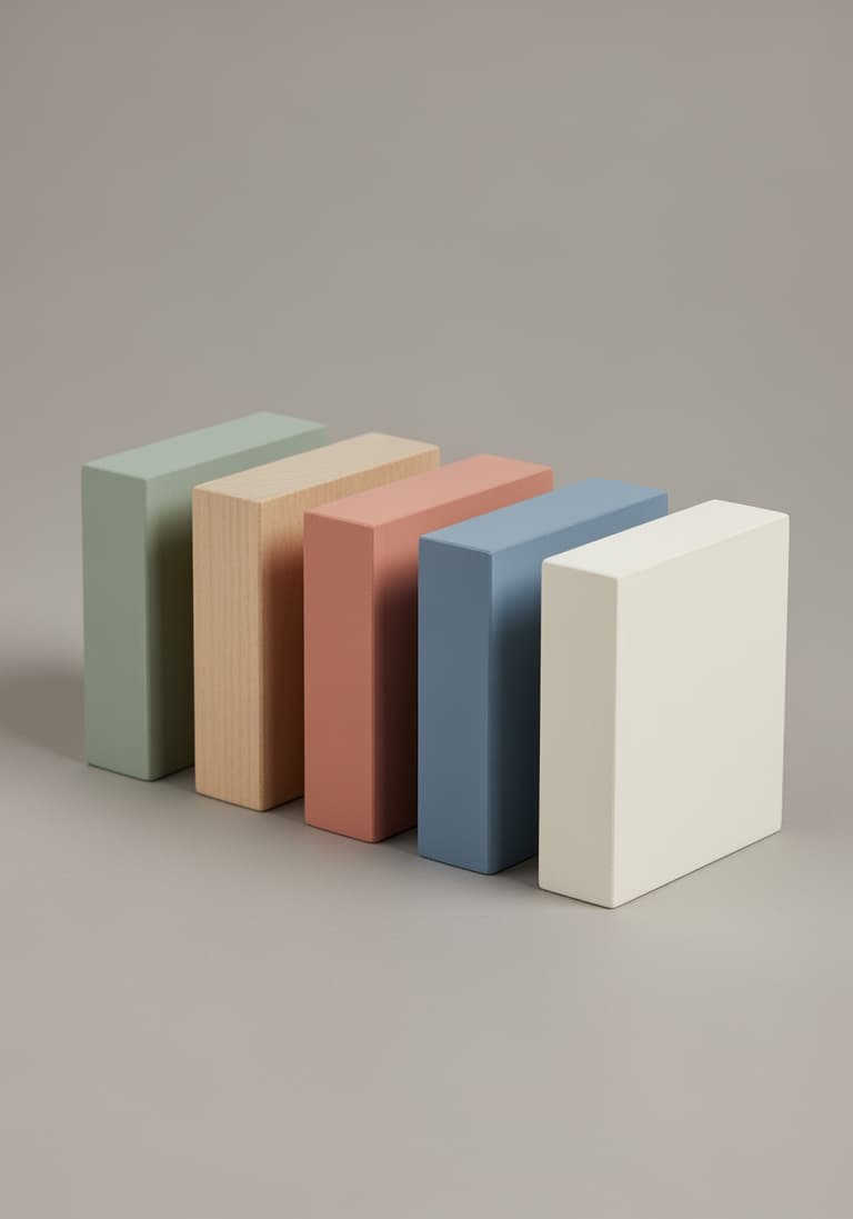 Échantillons de couleurs de peinture scandinave tendance 2026 (sauge, terracotta, bleu) sur des blocs de bois.