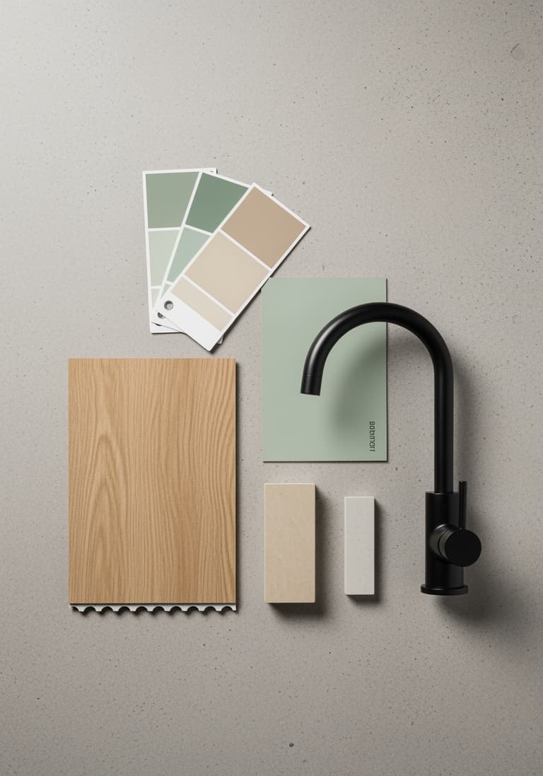 Échantillons de matériaux pour une rénovation de salle de bain à petit budget, incluant sol vinyle, nuanciers de peinture et un robinet noir.