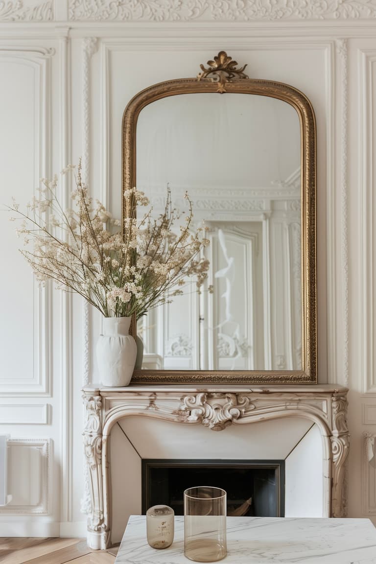 Cheminée haussmannienne en marbre avec grand miroir doré et moulures élégantes, décoration raffinée et lumineuse dans un appartement parisien