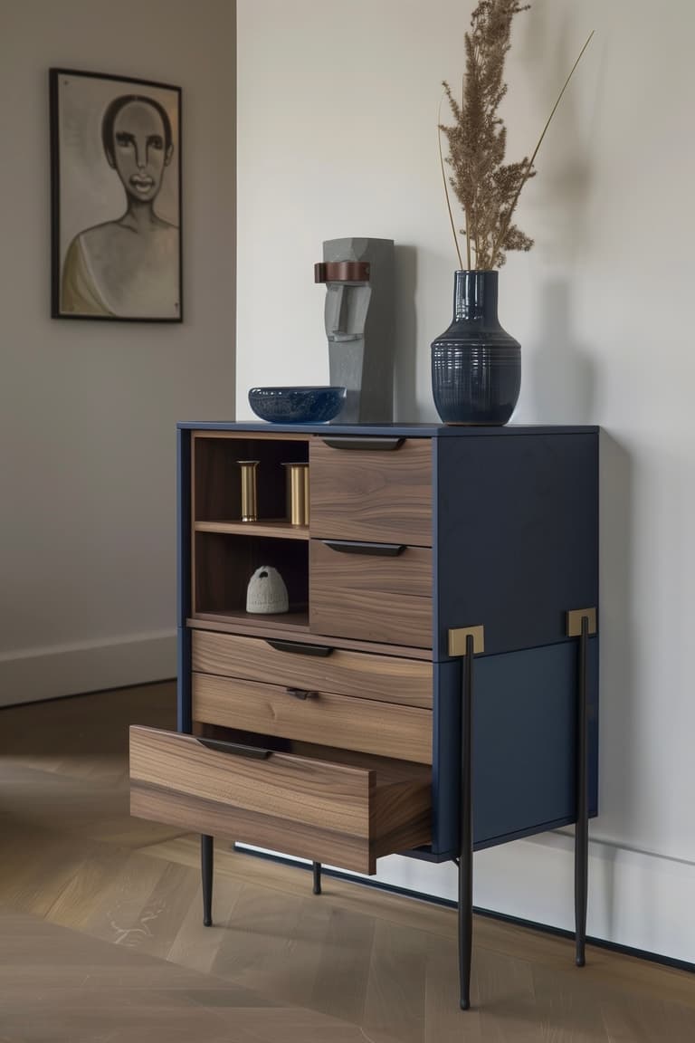 commode bleu profond chêne acajou sur pieds métal laiton élancés