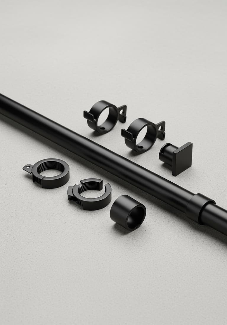 Composition épurée d'une tringle à rideau en métal noir et de ses supports, prêts pour l'installation sur un fond gris.