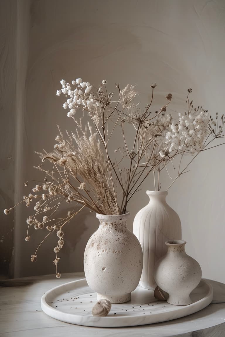 Composition décorative minimaliste avec vases en céramique et fleurs séchées dans des tons neutres, mise en scène élégante et apaisante
