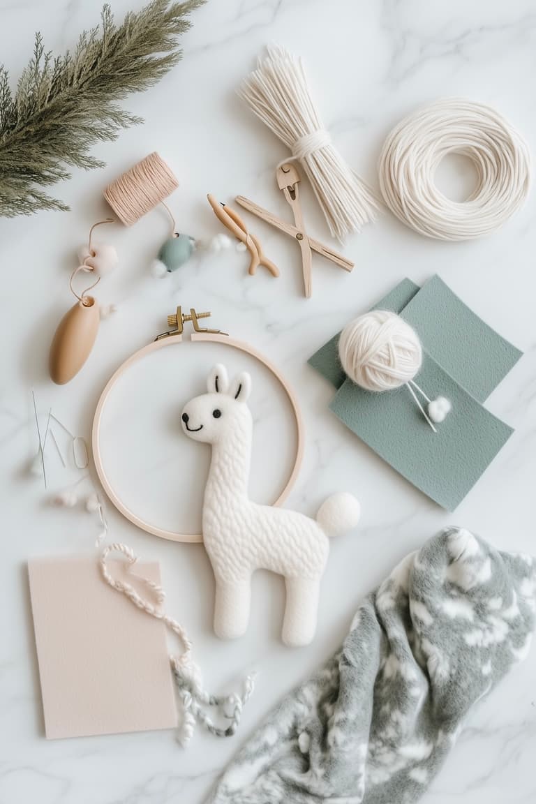 plan de travail en marbre blanc avec le matériel pour fabriquer un mobile lama : cercle de broderie en bois, petit lama en feutrine blanche terminé au centre, plaques de feutrine vert sauge et rose, pelotes de laine blanche, ficelle, ciseaux en bois, perles et aiguilles