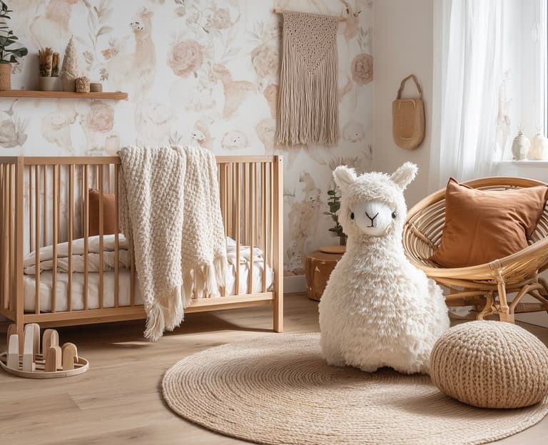 déco lama Chambre de bébé bohème baignée de lumière avec papier peint aquarelle à motifs lamas et fleurs en tons nude et rosé, lit à barreaux en bois naturel avec plaid en maille écru, grande peluche alpaga blanche assise sur un tapis rond en jute, fauteuil en rotin avec coussin terracotta et macramé mural