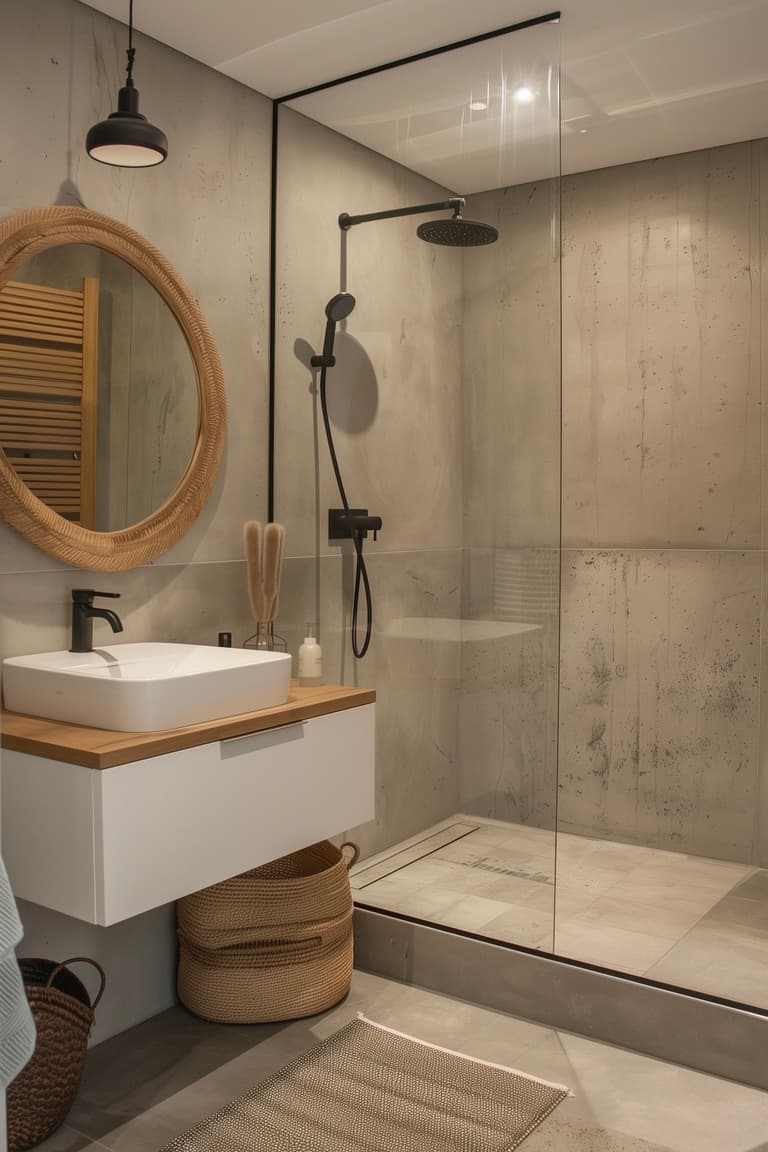 relooker petite salle de bain budget moderne avec revêtement effet béton, douche à l'italienne et robinetterie noire mate, miroir rond à cadre en rotin, meuble vasque blanc et bois, paniers en jonc