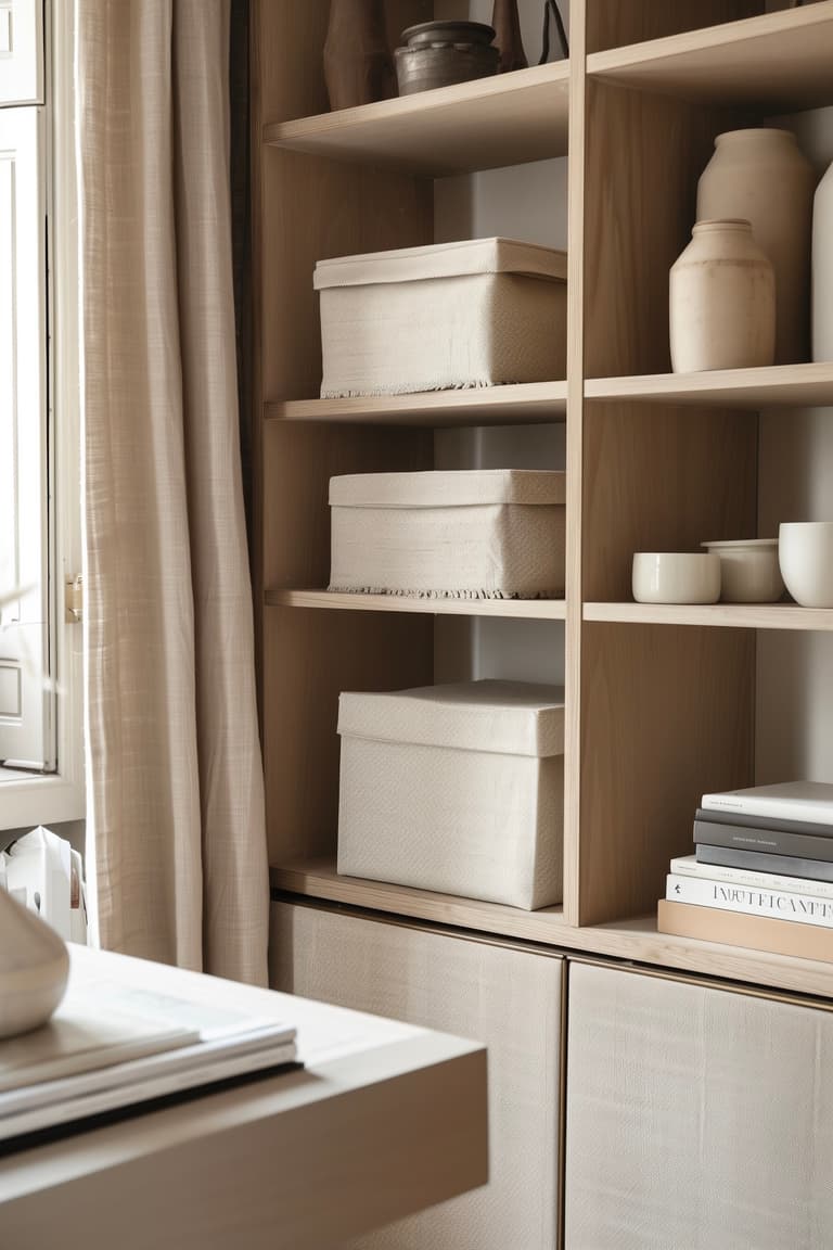 Étagère en bois avec boîtes de rangement en tissu beige, objets décoratifs et ambiance minimaliste naturelle dans un intérieur lumineux