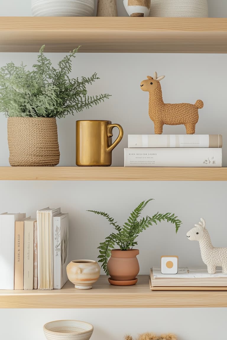 Étagères ouvertes en bois clair avec une sélection d'objets déco lama : figurine en raphia tressé sur la première étagère, mug doré, plante en pot tressé, figurine lama en céramique blanche sur la seconde étagère avec livres, fougère en pot terracotta et petit vase artisanal