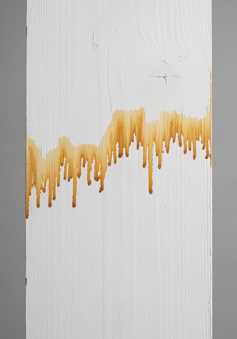 Exemple d'erreur de peinture : des taches jaunâtres de tanin qui transparaissent à travers une peinture blanche sur du bois.