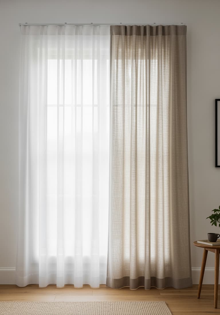 Fenêtre avec une double tringle montrant une couche de voilage transparent et une couche de rideau en lin beige pour l'intimité.