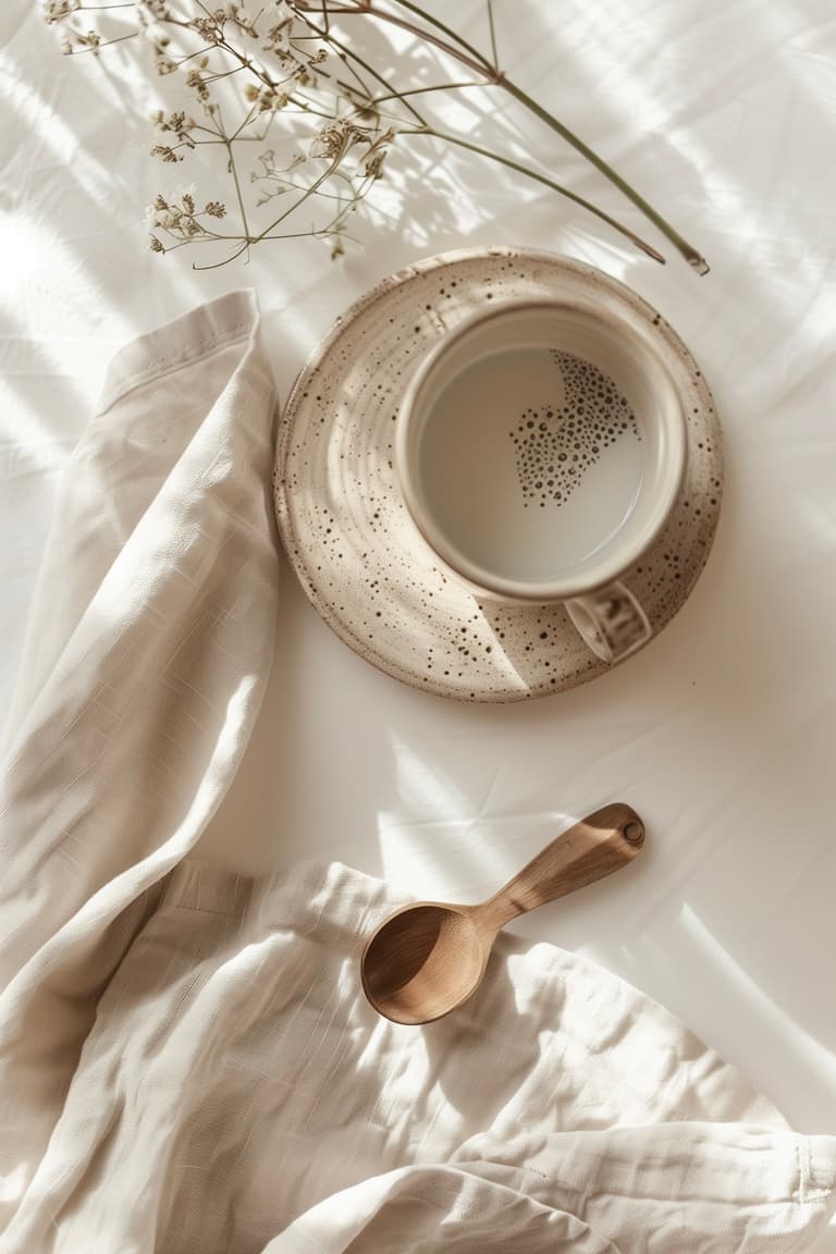 flatlay objets déco céramique lin bois