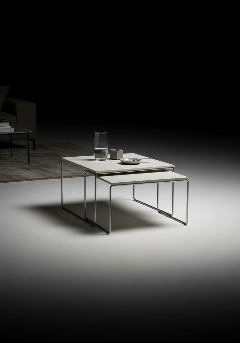 Gros plan sur des tables basses gigognes modernes, un exemple de mobilier intelligent et gain de place pour un petit salon.
