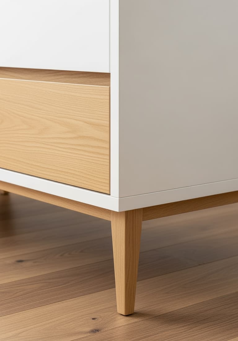 Gros plan sur les détails d'un meuble scandinave : un pied compas fin et le contraste entre le bois clair et la peinture blanche.