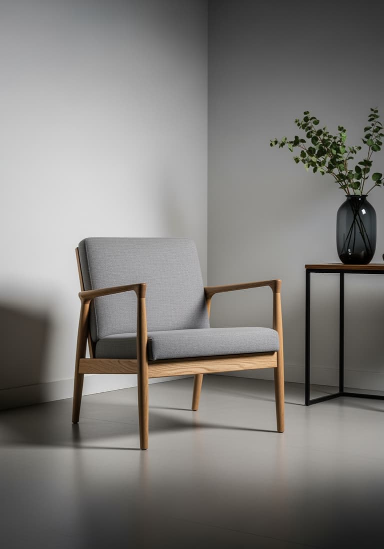 Gros plan sur un fauteuil design en bois et tissu, exemple du savoir-faire d'une marque de mobilier français.