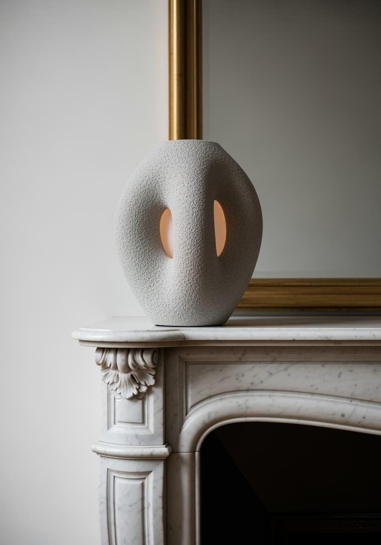 Gros plan sur un objet de décoration design 'Made in France', comme une lampe en céramique sculpturale, posée sur une cheminée en marbre.