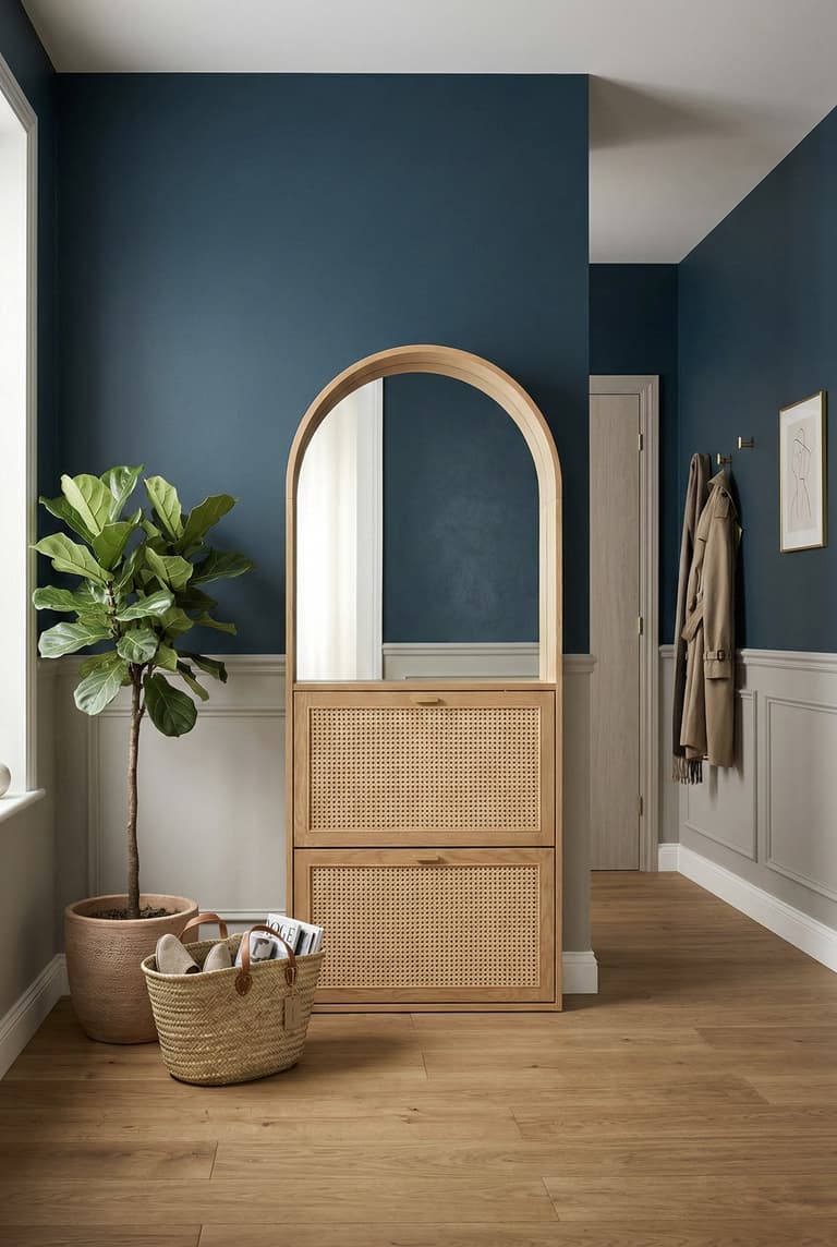 idée déco couloir mur bicolore bleu farrow armoire cannage
