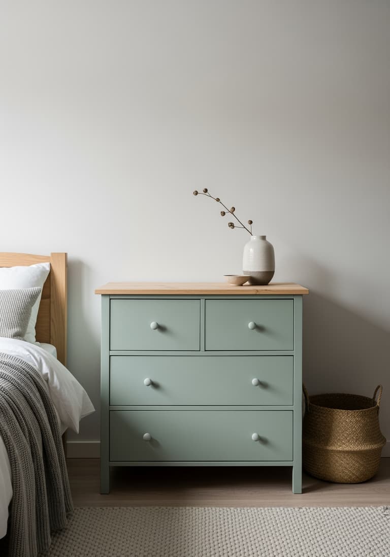 La commode scandinave terminée et mise en scène dans une chambre, avec une décoration minimaliste et chaleureuse.