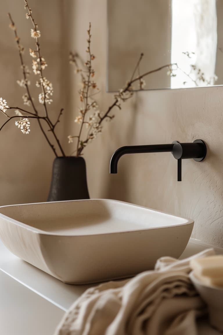 avant après relooker petite salle de bain budget vasque carrée en béton sable, robinet encastré mural noir mat, vase noir avec branches de cerisier fleuries, serviettes lin beige au premier plan