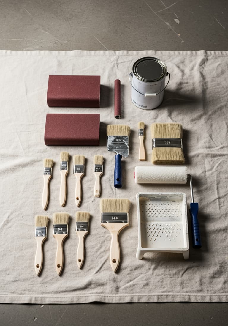 Le matériel de bricolage nécessaire pour relooker un meuble, soigneusement disposé sur une bâche : pinceaux, rouleau, papier de verre.