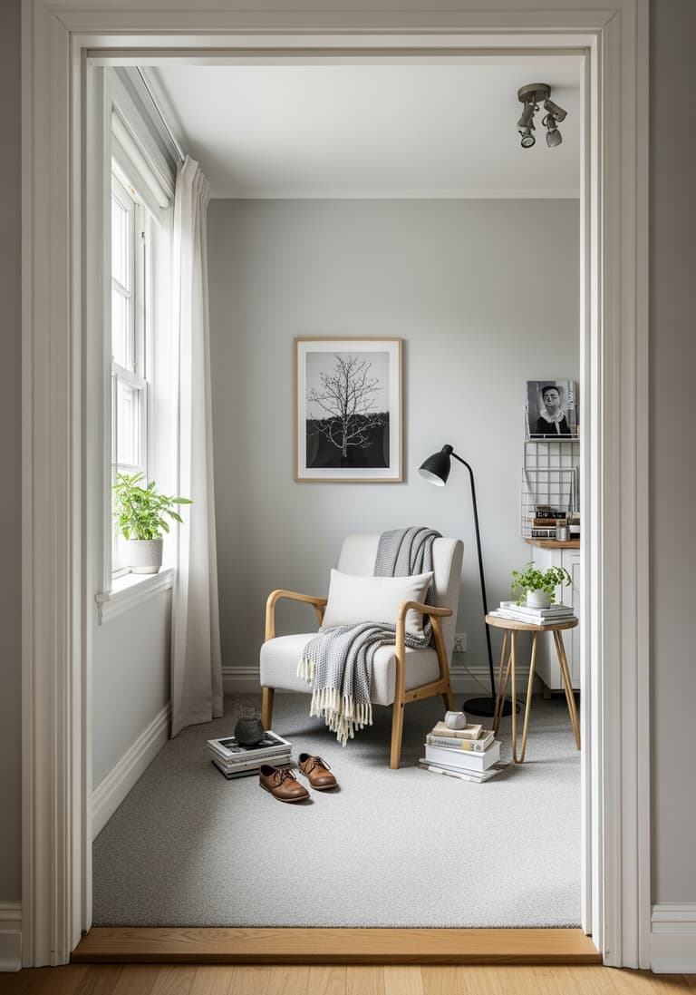 Le salon transformé, vu sous un nouvel angle, montrant un coin lecture confortable et un espace de vie harmonieux et fonctionnel.