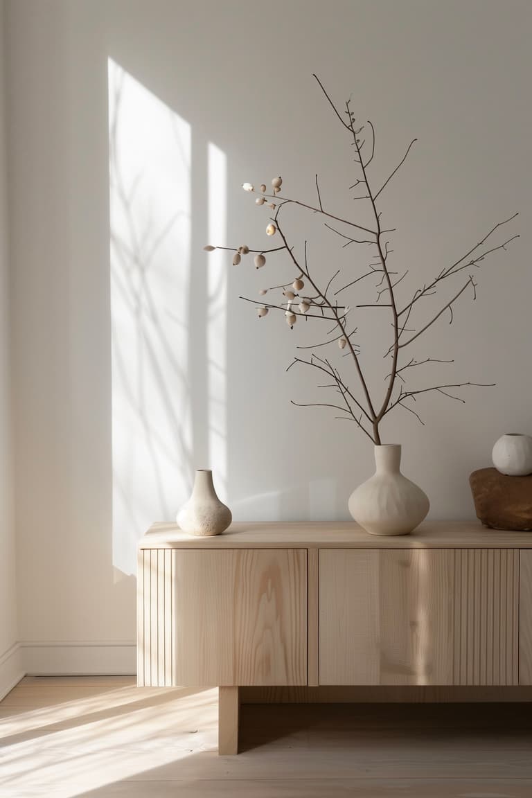 meuble pin blond minimaliste vase céramique