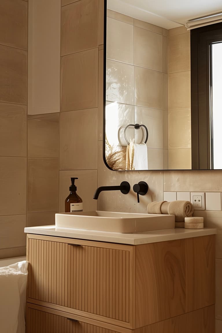 Meuble vasque suspendu en bois cannelé clair avec vasque à poser rectangulaire beige, robinetterie murale noire mate, grand miroir à angles arrondis et cadre noir, carrelage grand format beige nacré