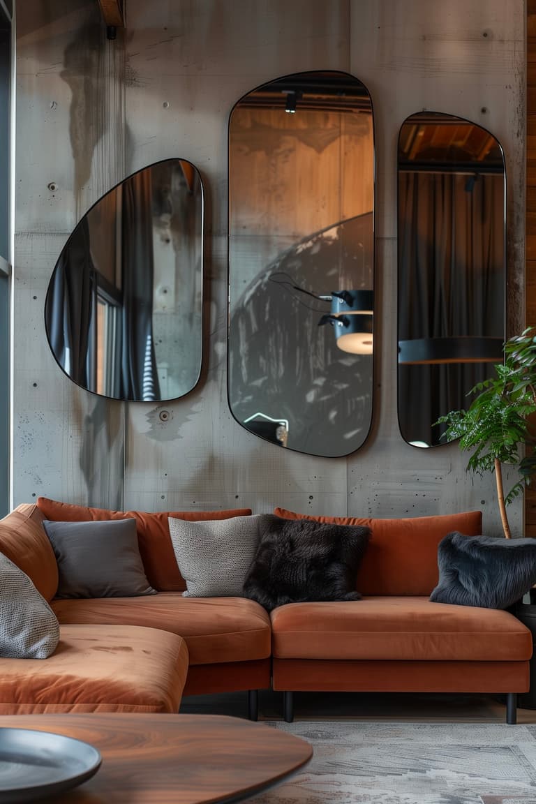 miroirs déco loft salon canapé terre cuite velours