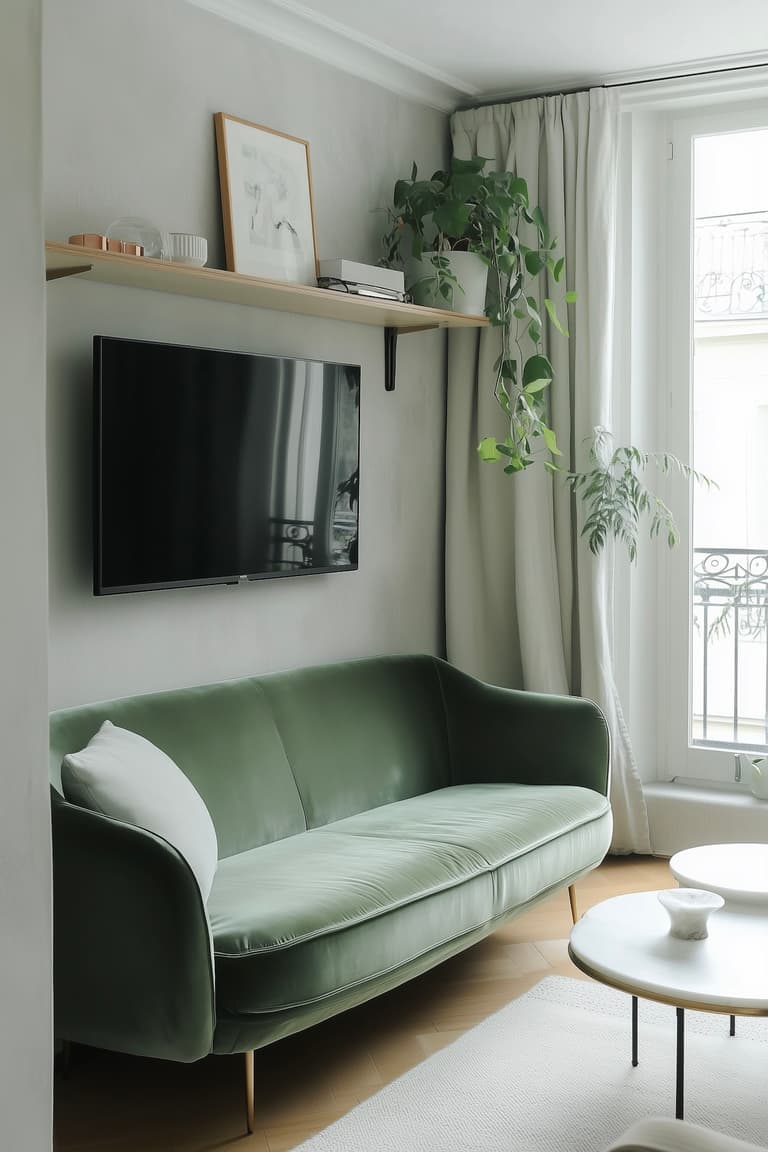 optimiser circulation petit salon canapé vert tv suspendue