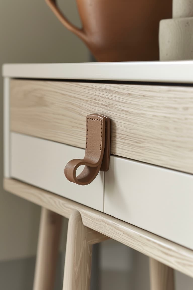 poignée cuir meuble scandinave bois clair