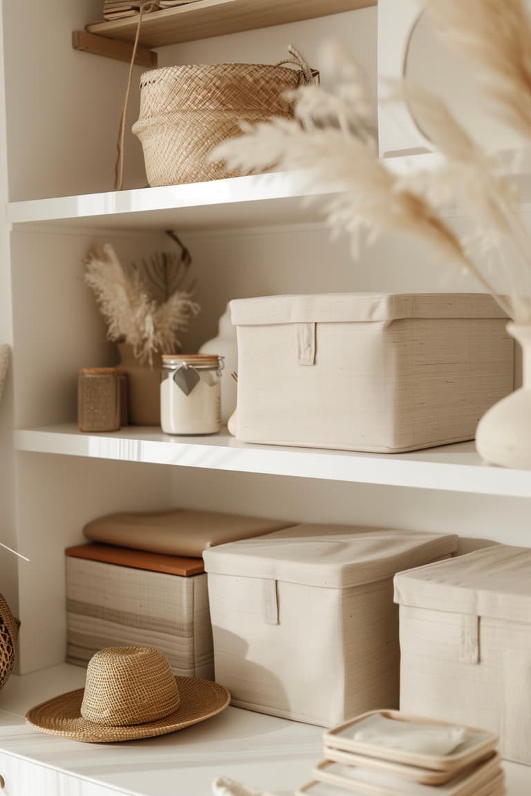 Rangement minimaliste avec boîtes en tissu beige sur étagères blanches, accessoires naturels et ambiance douce et épurée