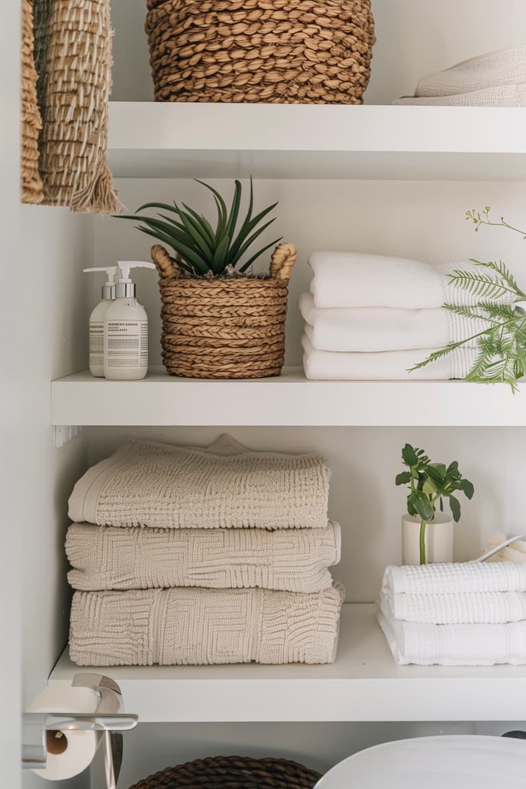 Étagères murales blanches de salle de bain avec serviettes pliées en blanc et écru, panier tressé avec plante grasse, flacons de soins minimalistes et petite plante verte