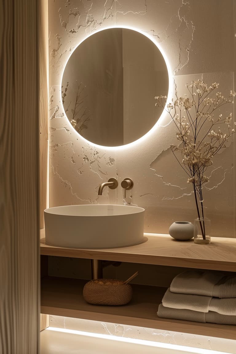 relooker petite salle de bain miroir led rond vasque ronde gypsophile