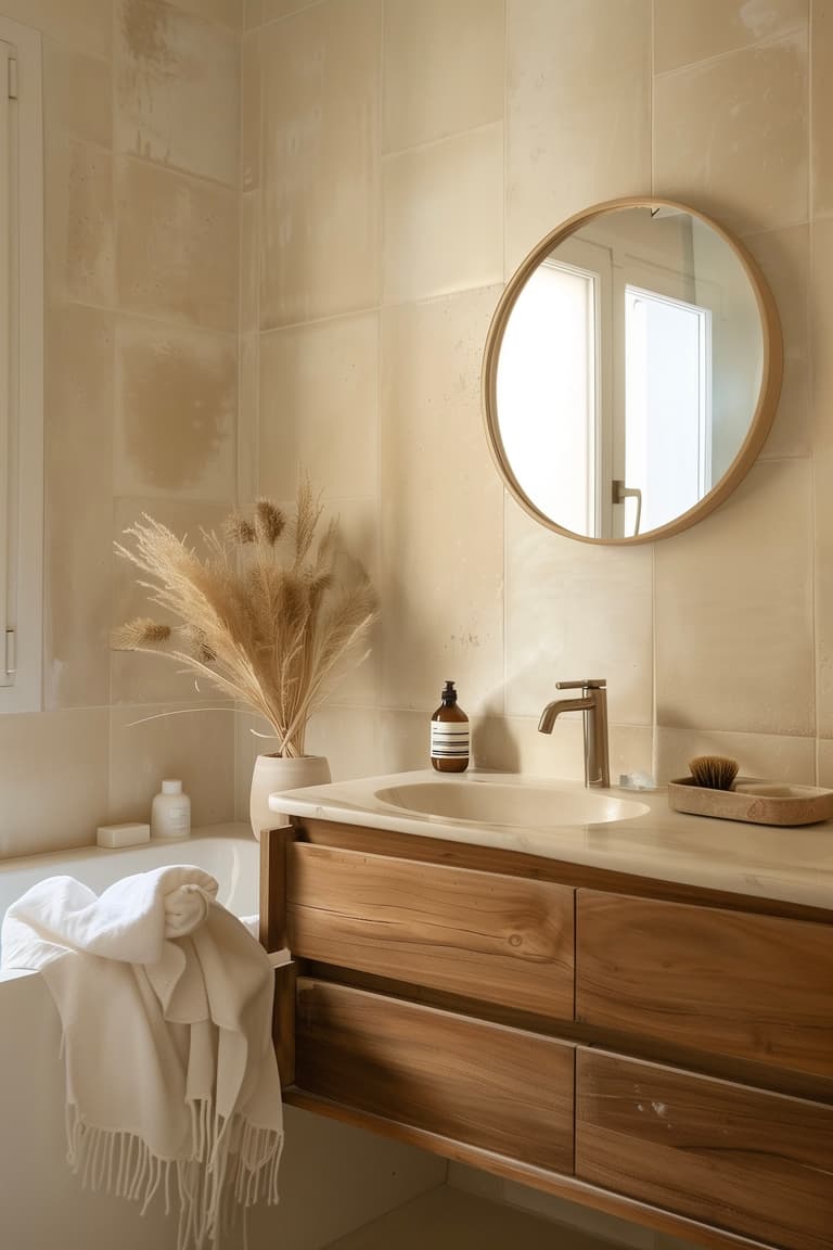 Petite salle de bain parisienne avec carrelage beige nacré, meuble vasque en bois massif, miroir rond à cadre bois et herbes de la pampa séchées dans un vase blanc