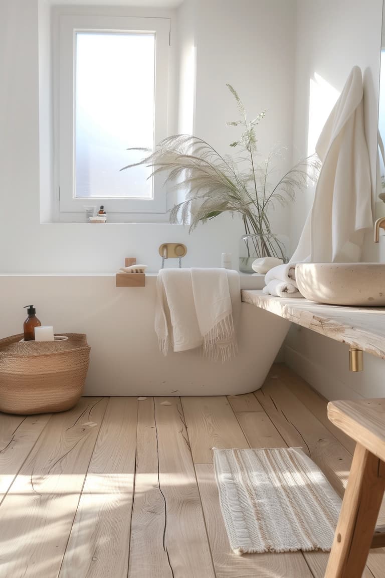 Salle de bain lumineuse avec sol en planches de bois clair, baignoire îlot blanche, plan vasque en bois brut avec bol en pierre, herbes séchées dans un vase en verre et panier en osier