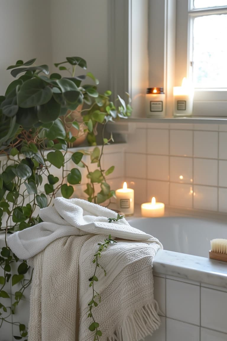 Coin baignoire cosy avec carrelage blanc, bougies pilier allumées sur le rebord, grande plante pothos retombante dans un cache-pot en terre cuite, serviettes blanches texturées et brosse en bois