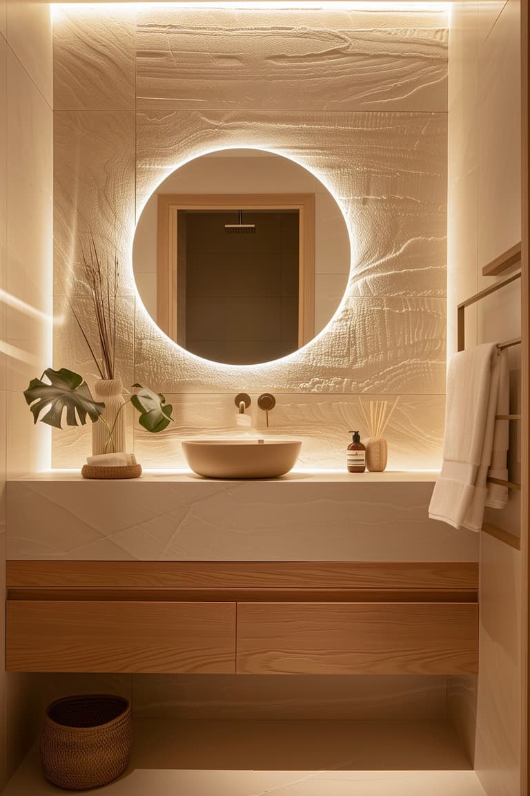 Salle de bain chaleureuse avec grand miroir rond rétroéclairé, meuble vasque en bois naturel avec tiroirs, vasque bowl beige, monstera dans un vase blanc nervuré et diffuseur de parfum