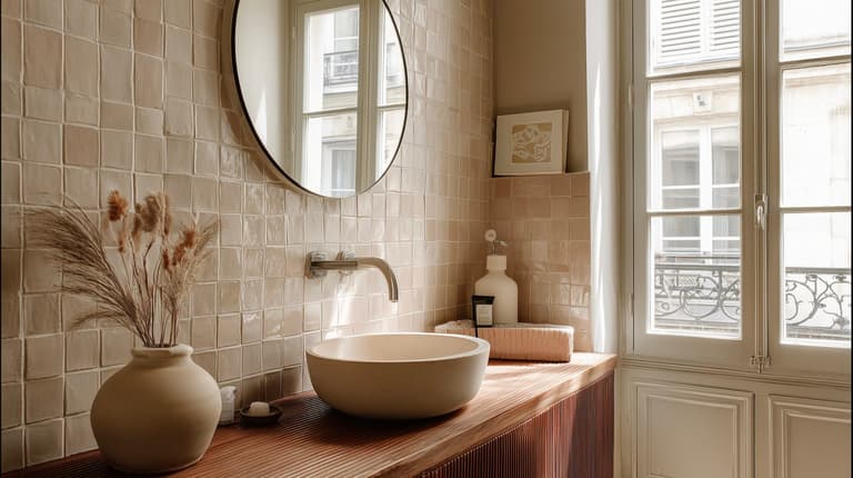Relooker petite salle de bain parisienne facile budget carrelage zellige beige rosé