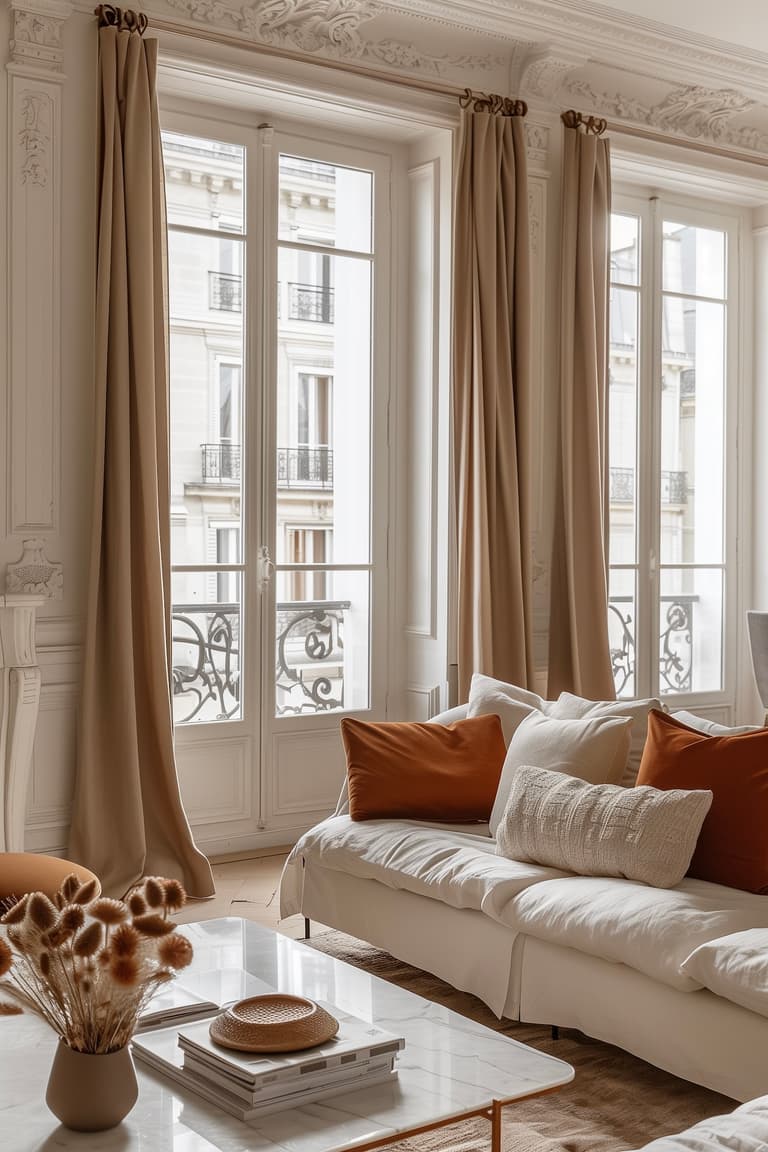 Salon haussmannien lumineux avec grandes fenêtres, rideaux beige élégants et canapé clair décoré de coussins terracotta, ambiance chaleureuse et contemporaine à Paris