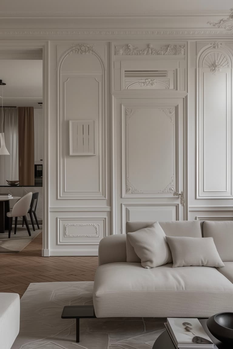 Salon contemporain avec moulures blanches, canapé beige minimaliste et parquet en bois, ambiance épurée et élégante
