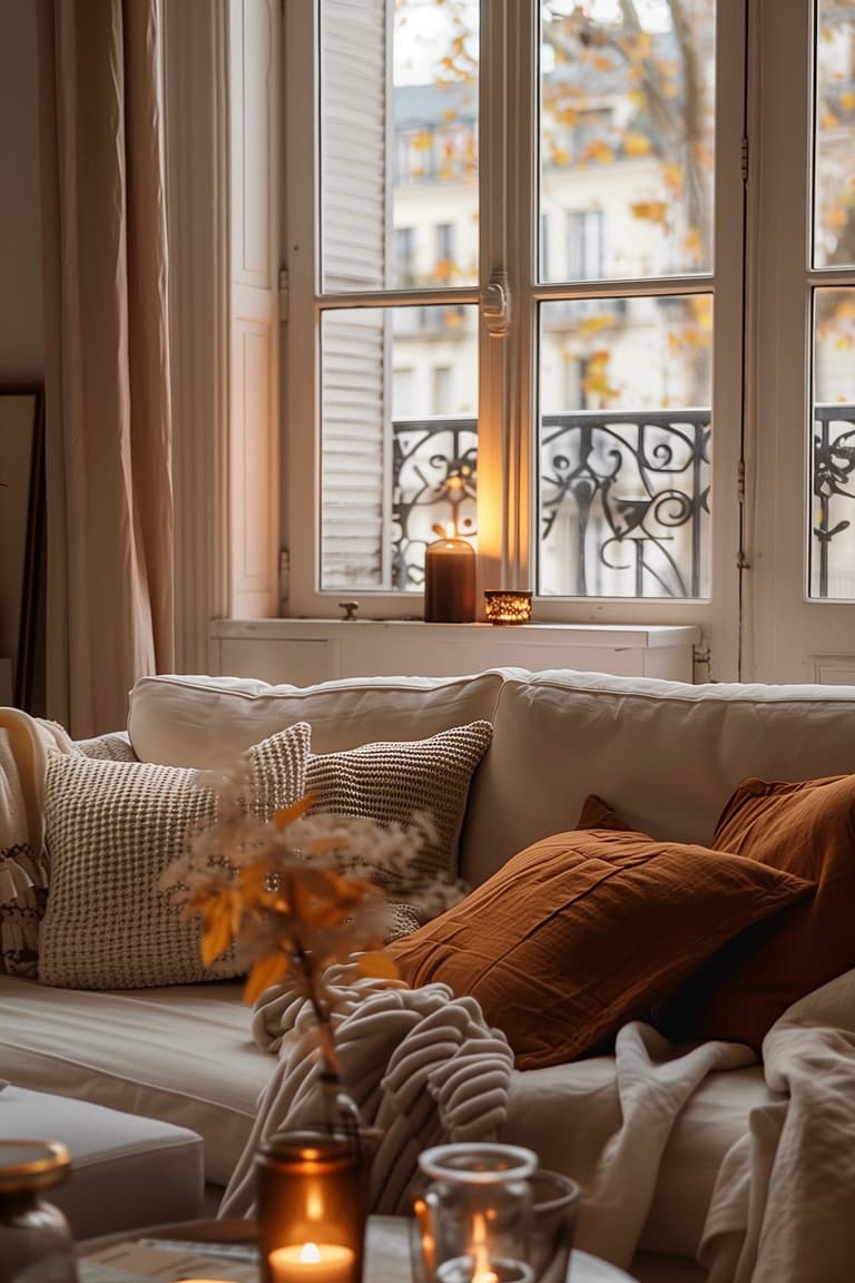 Salon parisien cosy en automne avec canapé beige, coussins terracotta, bougies allumées et lumière chaleureuse près d’une fenêtre haussmannienne