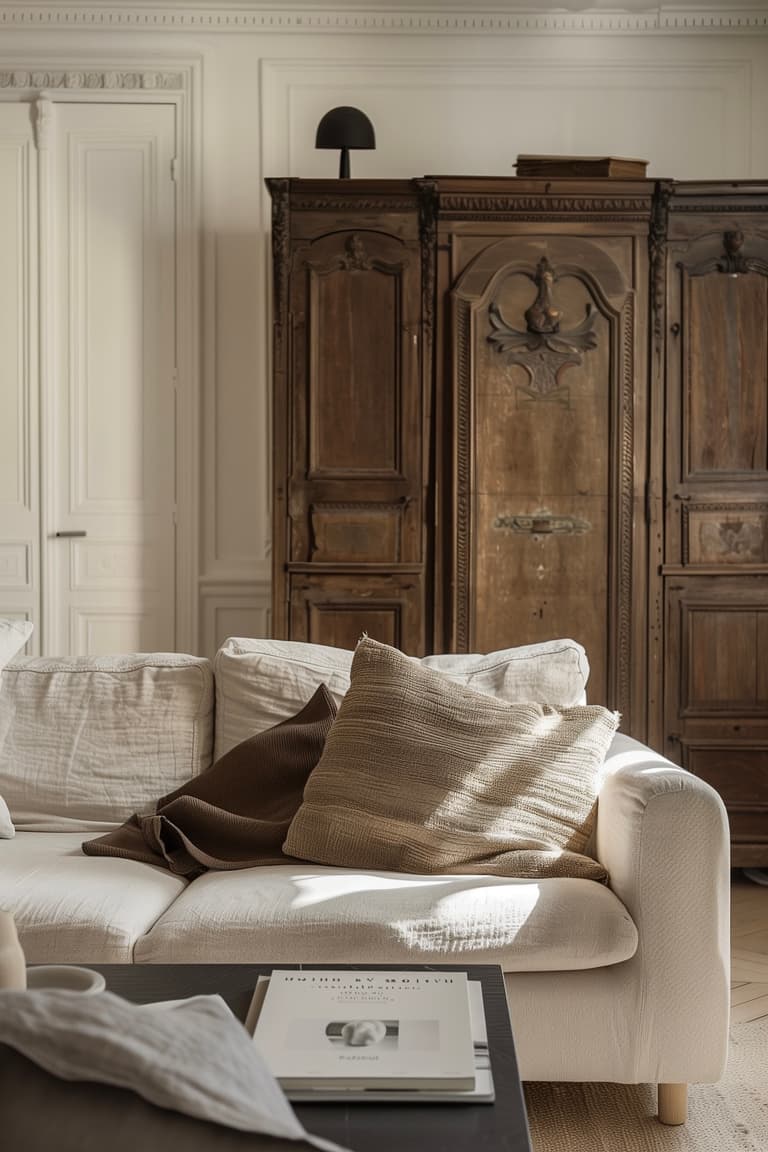 Salon parisien mêlant ancien et moderne avec canapé en lin beige, coussins naturels et grande armoire ancienne en bois, lumière douce et ambiance authentique
