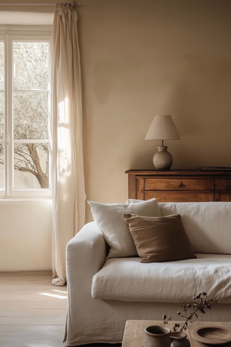 séjour beige minimaliste canapé lin bois naturel