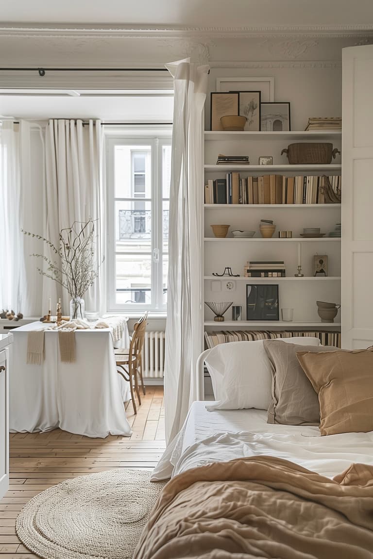 Petit studio parisien optimisé avec bibliothèque intégrée, coin nuit cosy, table à manger et décoration minimaliste aux tons neutres